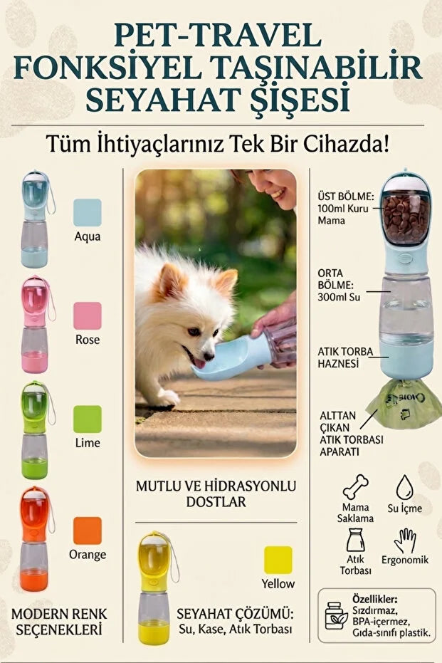 Pawvia Taşınabilir Kedi Köpek Suluğu 500 ml 3in 1 arada Seyahat Su Şişesi Mama Kaseli ve Çöp Poşeti Hazneli