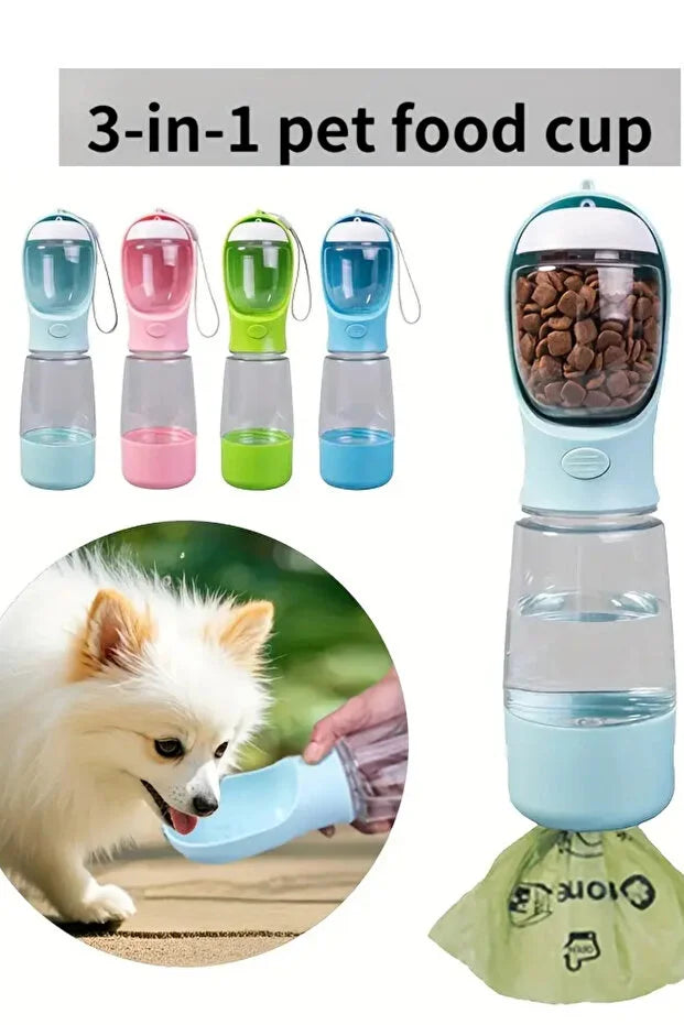 Pawvia Taşınabilir Kedi Köpek Suluğu 500 ml 3in 1 arada Seyahat Su Şişesi Mama Kaseli ve Çöp Poşeti Hazneli