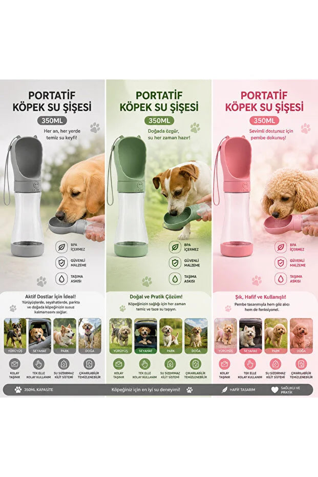 Pawvia Taşınabilir Kedi Köpek Suluğu 500 ml 3in 1 arada Seyahat Su Şişesi Mama Kaseli ve Çöp Poşeti Hazneli