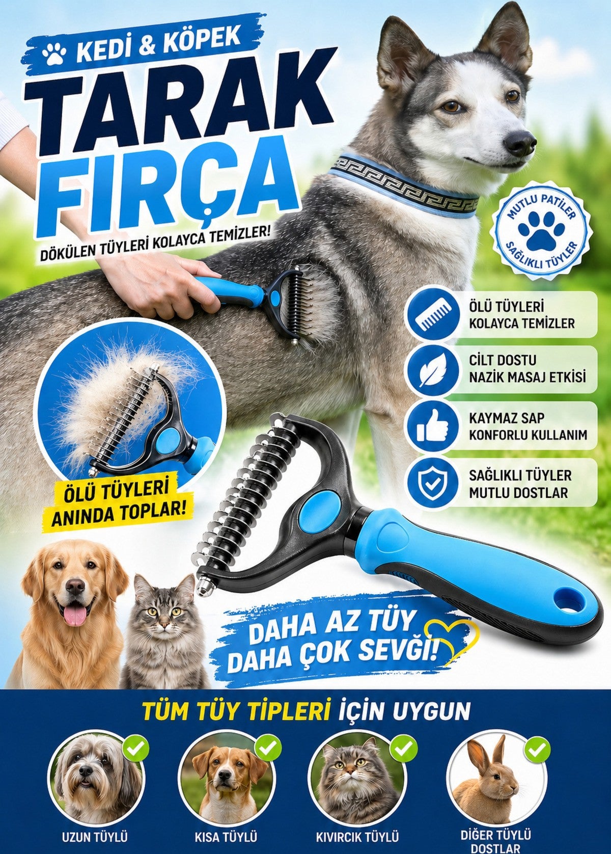Pawvia Çift Taraflı Tüy Toplayıcı ve Kıtık Açıcı Tarak